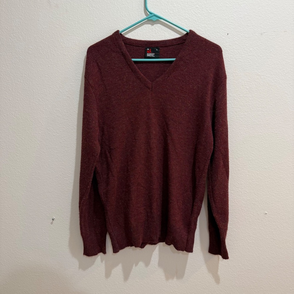 Robert Bruce Mens V-Neck Sweater Burgundy Heather Knit Long Sleeve Made in USA L